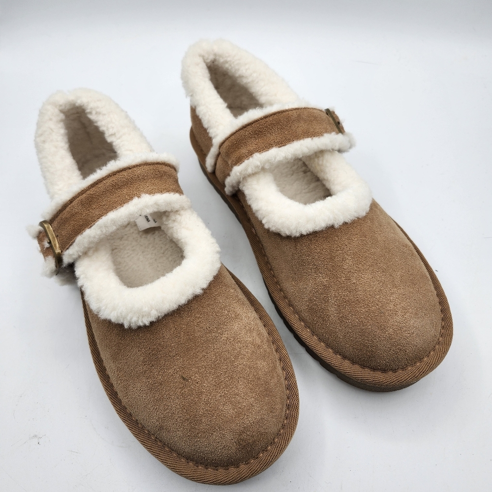 Greystone Cozy Tan Leather Mary Jane Shoes with Faux Fur Lining Sz 7